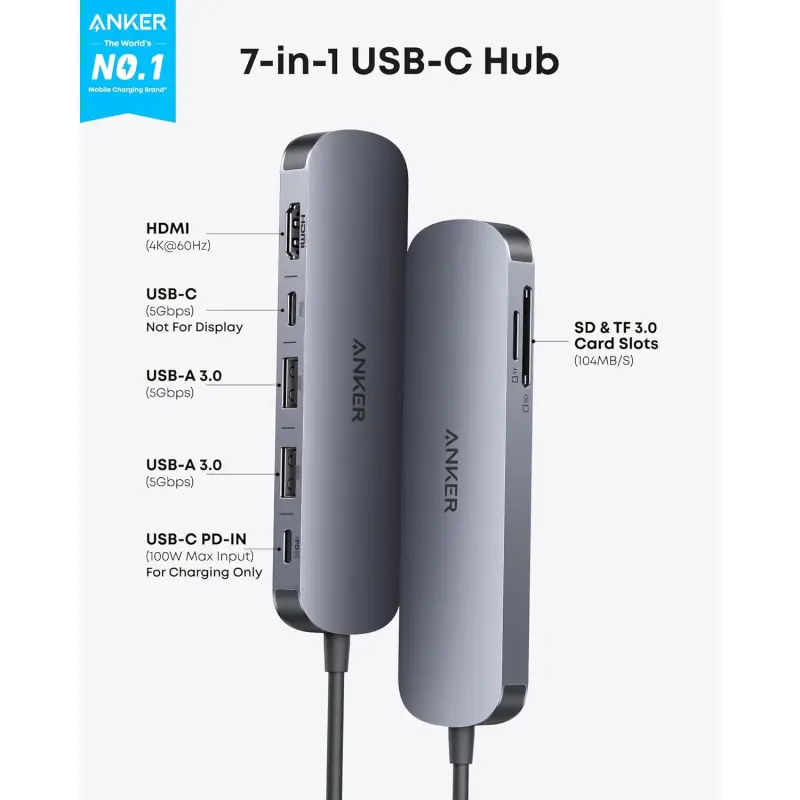 ADAPTADOR HUB ANKER NANO MULTIPUERTO USB 7-EN-1 CON 4K Y HDMI 100W A83D2HA1