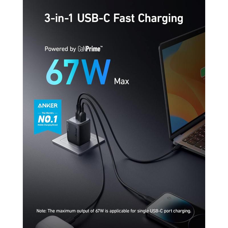 CARGADOR DE PARED ANKER PRIME GAN 67W CON 3 PUERTOS USB-C NEGRO A2669113