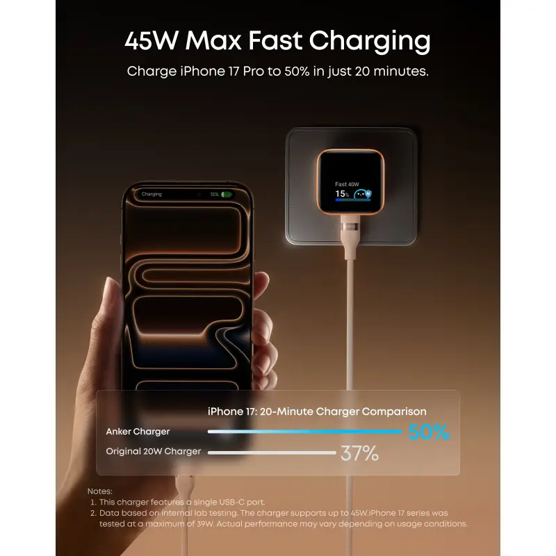 CARGADOR DE PARED ANKER NANO CHARGER 45W CON SMART DISPLAY USB-C NARANJA A121DJO1
