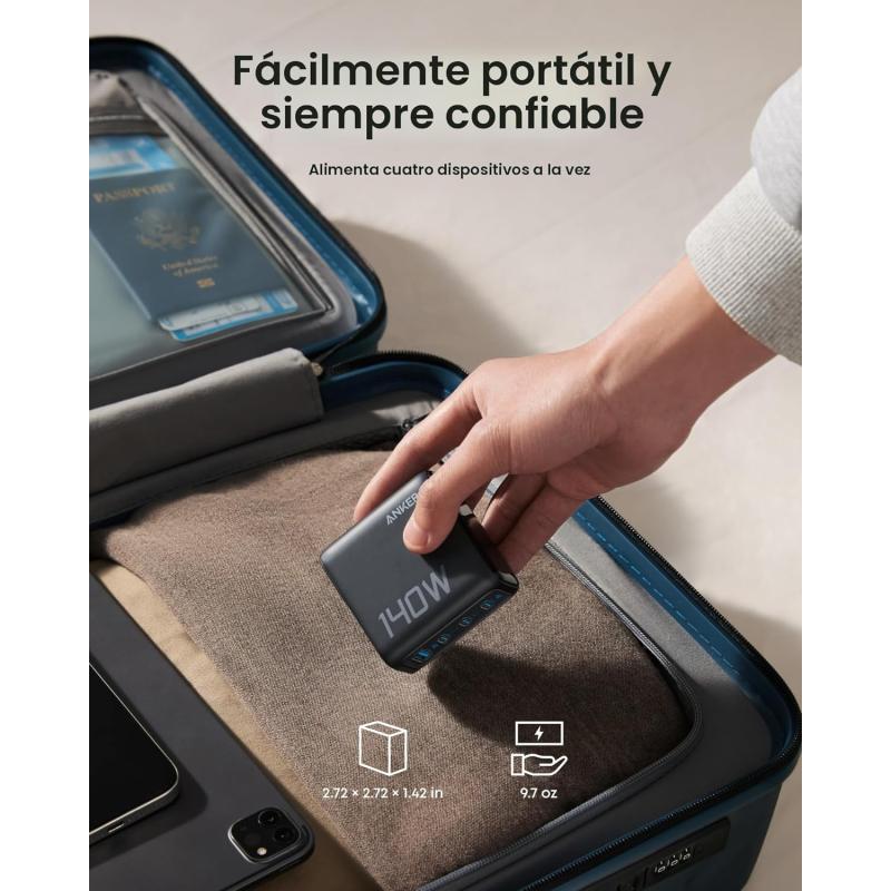 CARGADOR ANKER CON PANTALLA INTELIGENTE 140W 4 PUERTOS PD 3.1 USB-C NEGRO B2697JZ1