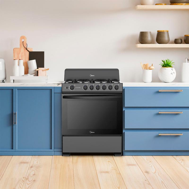 ESTUFA A GAS MIDEA MASTERCOOK 30" CON HORNO Y 6 QUEMADORES MGS30FS1BIABBF