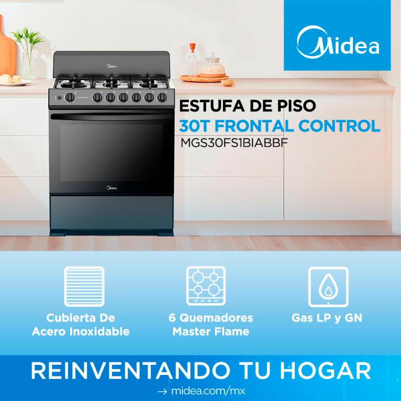 ESTUFA A GAS MIDEA MASTERCOOK 30" CON HORNO Y 6 QUEMADORES MGS30FS1BIABBF