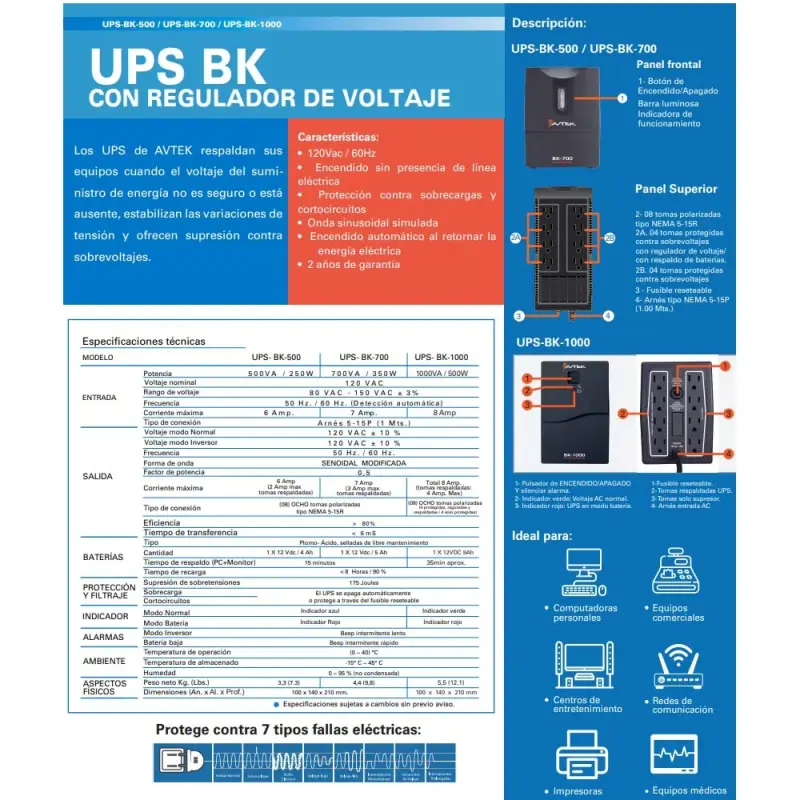 UNIDAD UPS AVTEK 700VA/350W REGULADOR DE VOLTAJE Y SUPRESOR UPSBK700