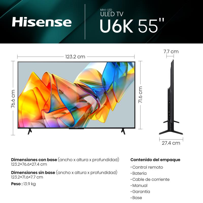 HISENSE SMART TV DE 55" 4K U6K MINI-LED ULED 4K GOOGLE TV