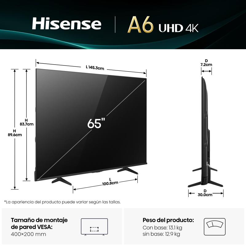 HISENSE SMART TV DE 65" UHD 4K CON DOLBY VISION A6NV
