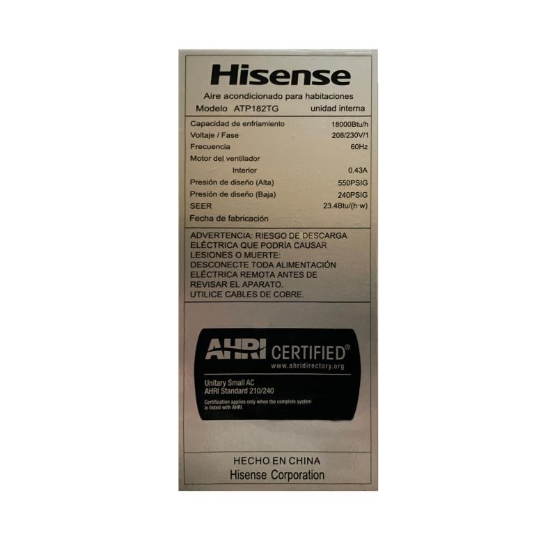 HISENSE AIRE ACONDICIONADO SPLIT DE 18000BTU INVERTER PREMIUM ATP182