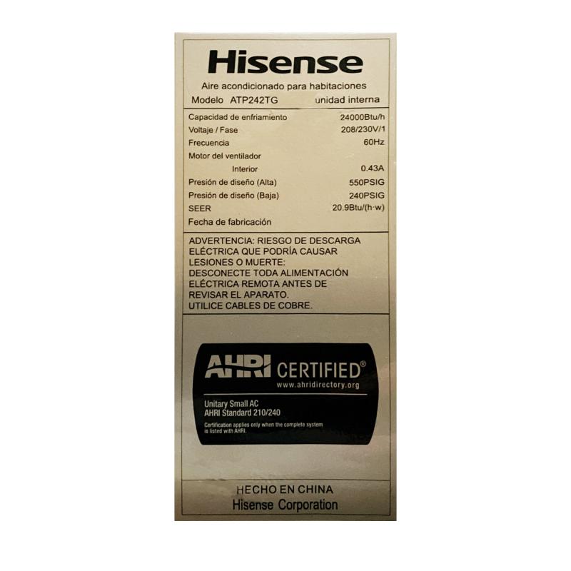 HISENSE AIRE ACONDICIONADO SPLIT DE 24000BTU INVERTER PREMIUM ATP242
