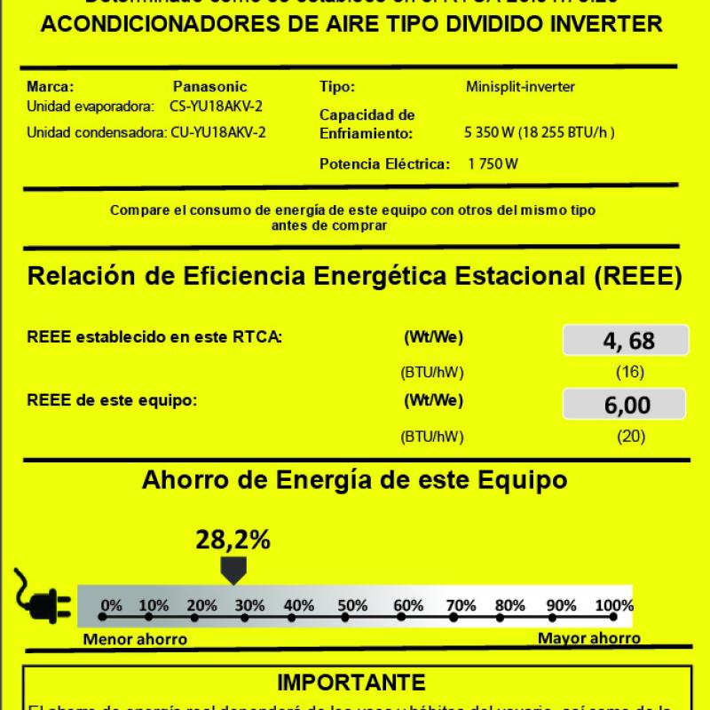 PANASONIC AIRE ACONDICIONADO DE 18255BTU INVERTER GAS R32 YU18AKV