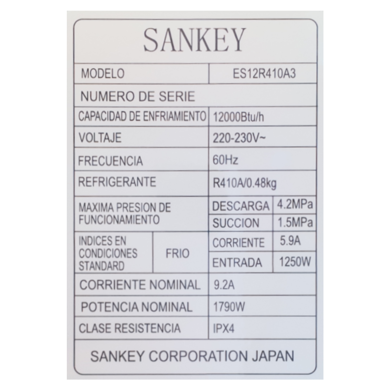 Sankey Aire acondicionado split 11700btu no inverter blanco