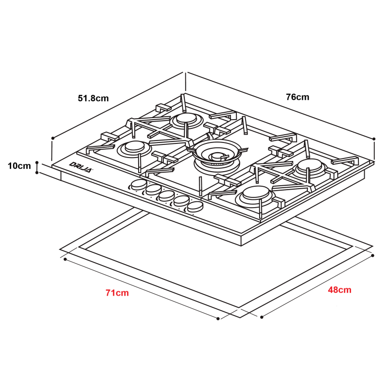 DRIJA ESTUFA EMPOTRABLE 76CM A GAS DE 5 QUEMADORES FERRARA 76
