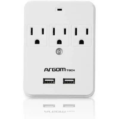 Argom Adaptador de corriente con 3 enchufes y 2 entradas usb argac0265