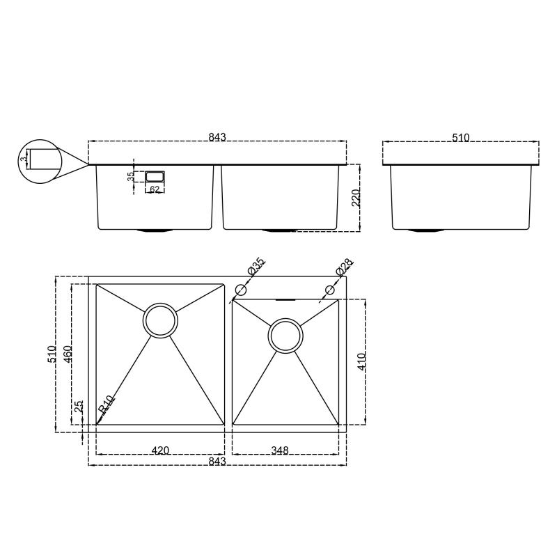 DRIJA FREGADOR EMPOTRABLE CON SISTEMA ANTIRUIDO DE 84CM LUCCA