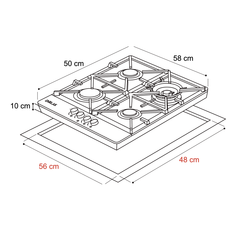 DRIJA ESTUFA EMPOTRABLE A GAS DE 58CM 4 QUEMADORES CON PLANCHA DE HIERRO MILAN60