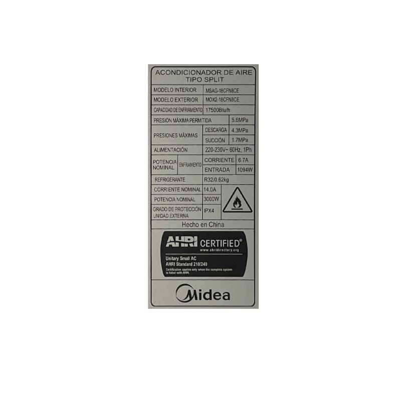 MIDEA AIRE ACONDICIONADO SPLIT INVERTER DE 17500BTU ALTA EFICIENCIA 18CFN8CE