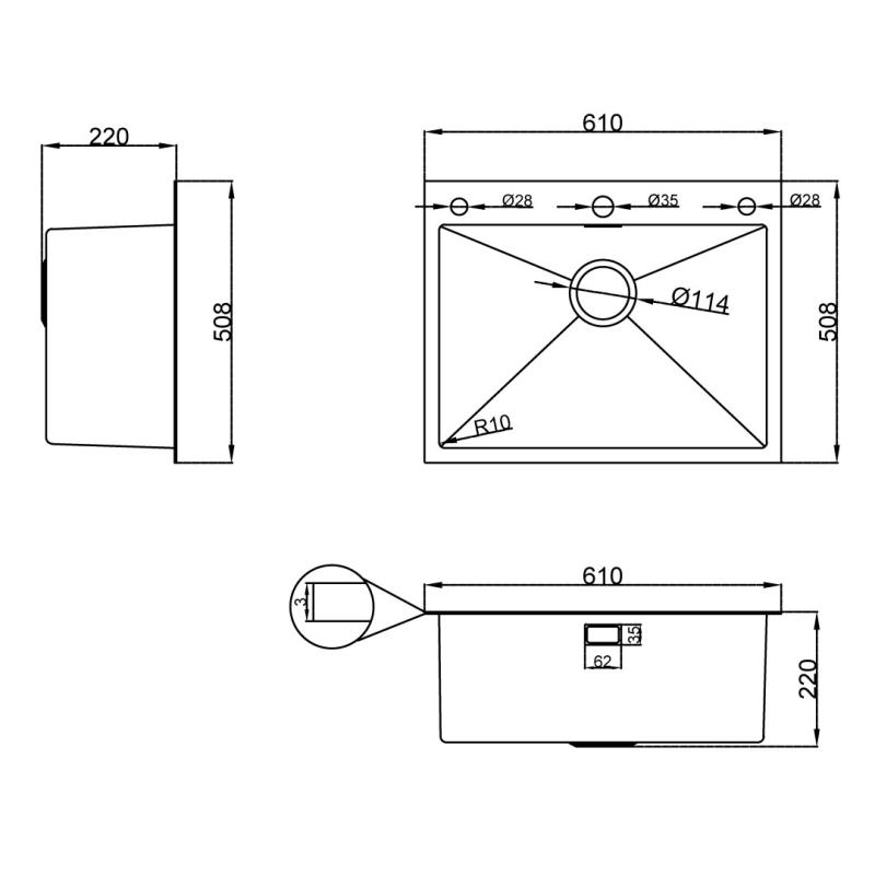 DRIJA FREGADOR EMPOTRABLE ACERO 61CM RAGUSA