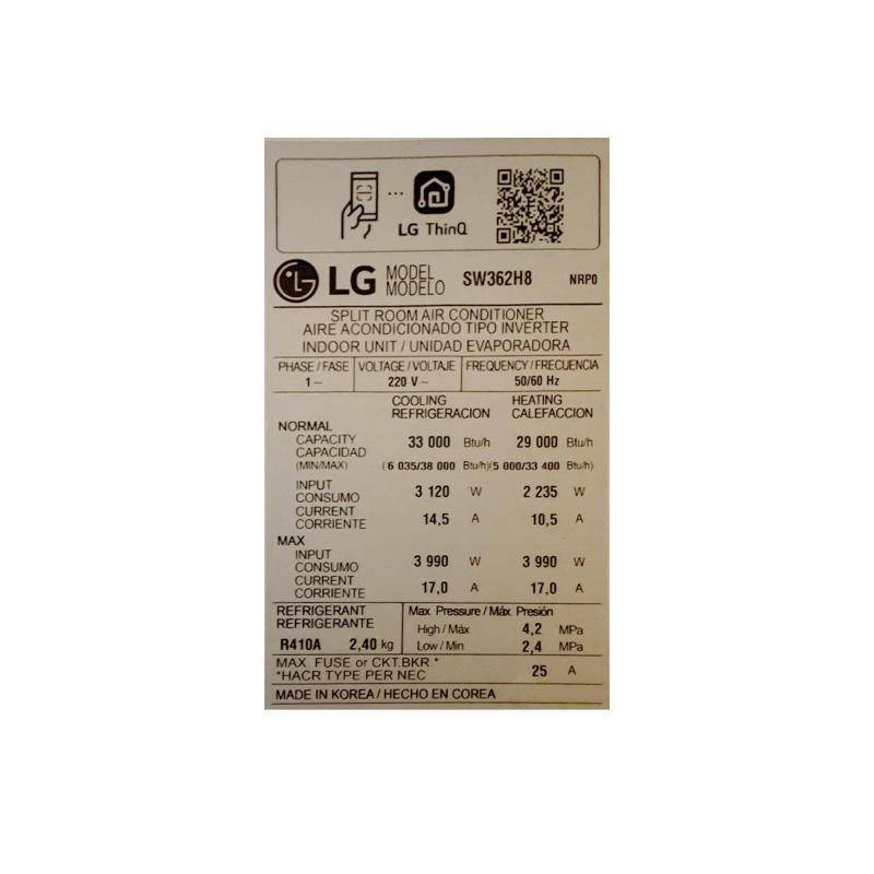 Lg Aire acondicionado split dual inverter de 33000 btu/h sw362