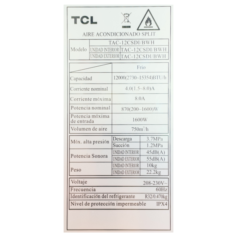 Tcl Aire acondicionado split inverter de 12000btu alta eficiencia r32 wi-fi tac12csdi