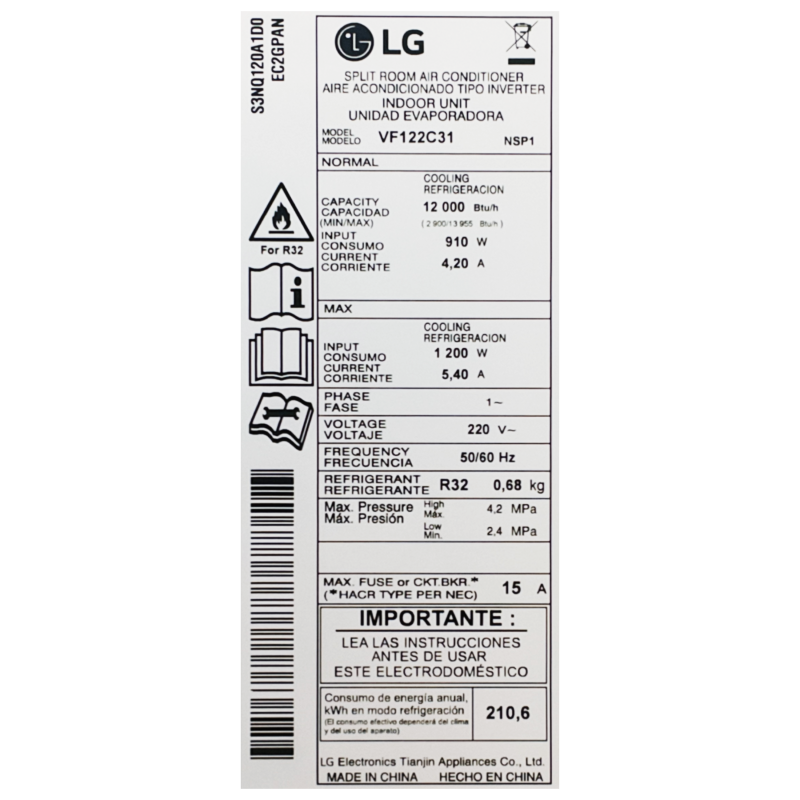 Lg Aire acondicionado split de 12000btu dualcool ai air inverter vf122