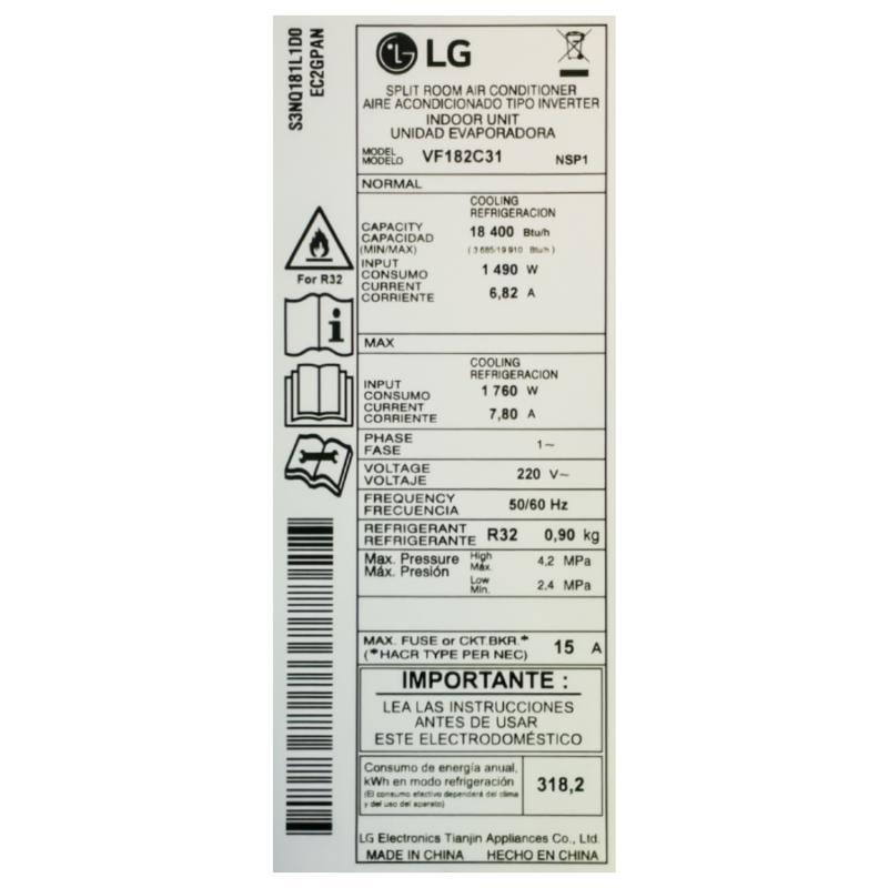 Lg Aire acondicionado split de 18400btu dualcool ai air inverter vf182